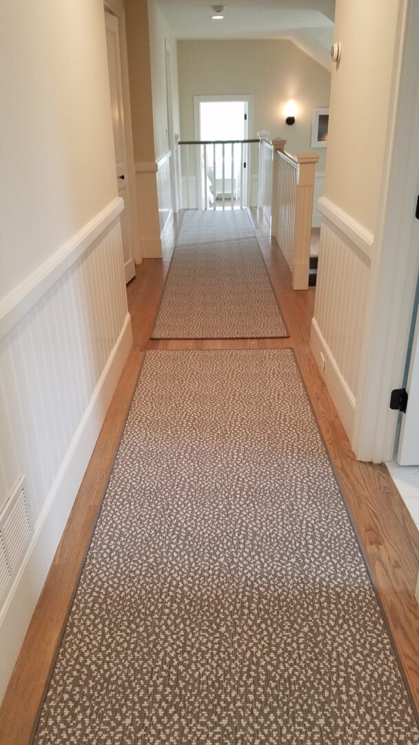 A hallway with two rugs and one is white
